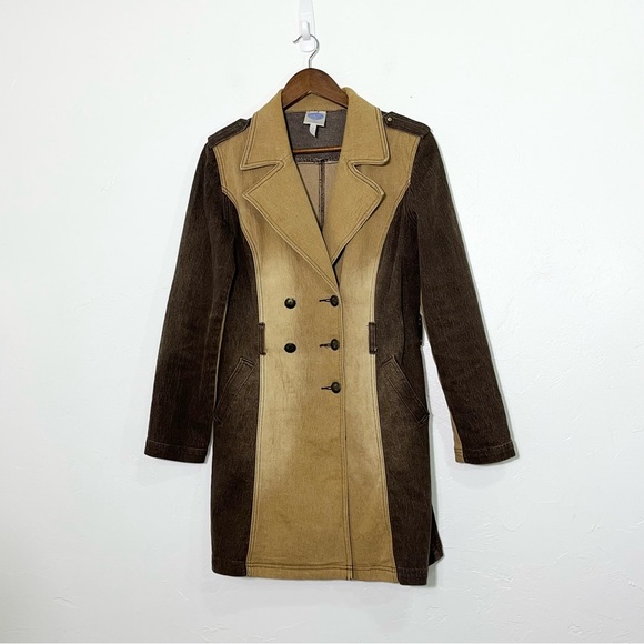 Vintage 90s Two Tone Denim Trench Coat Colorblock Boho Indie Longline Jacket - Picture 3 of 10